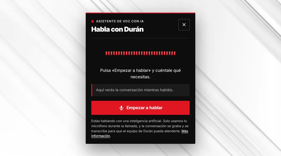 Asistente de voz con inteligencia artificial de Durán abierto en la web, con el botón Empezar a hablar